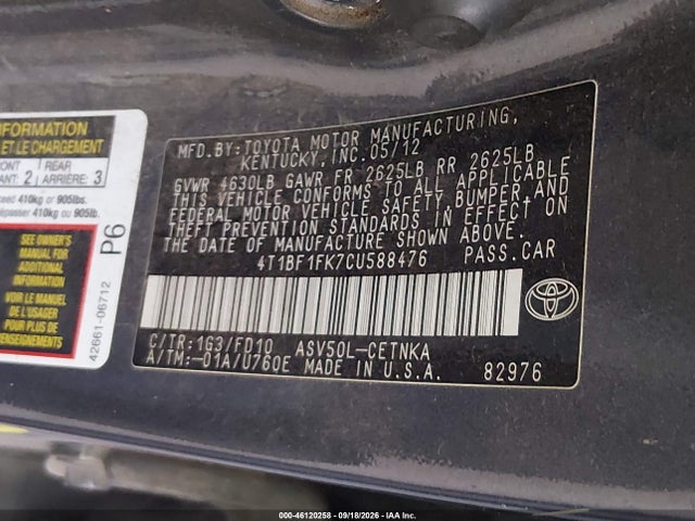 Продаж на аукціоні авто 2012 Toyota Camry Le, vin: 4T1BF1FK7CU588476, номер лоту: 46120258