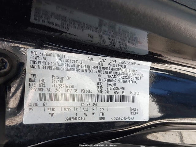 2018 Ford Focus Se მანქანა იყიდება აუქციონზე, vin: 1FADP3K2XJL207837, აუქციონის ნომერი: 46120262