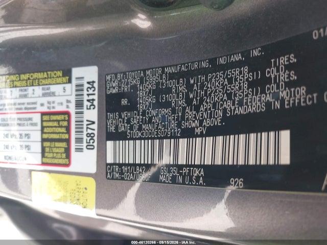 5TDDK3DC0ES079112 Toyota Sienna Xle 7 Passenger