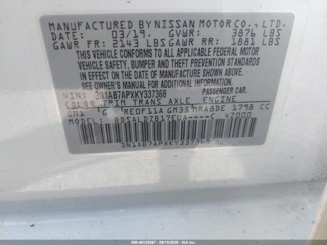 2019 Nissan Sentra Sv მანქანა იყიდება აუქციონზე, vin: 3N1AB7APXKY337368, აუქციონის ნომერი: 46120267