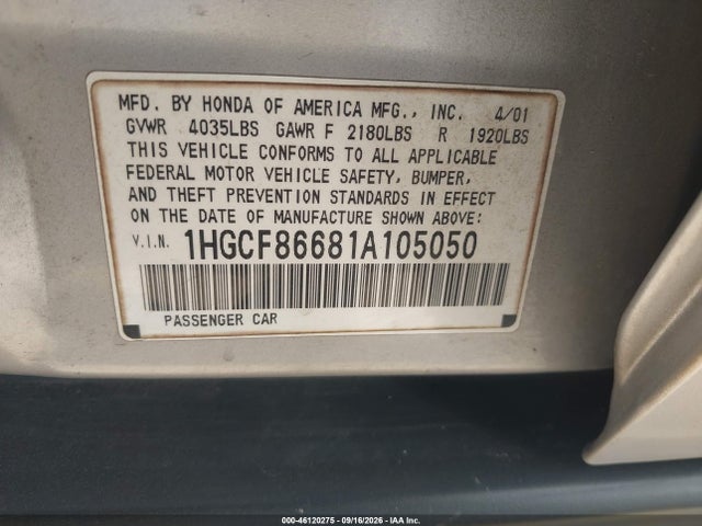 Aukcja sprzedaży 2001 Honda Accord Value Package, vin: 1HGCF86681A105050, numer aukcji: 46120275