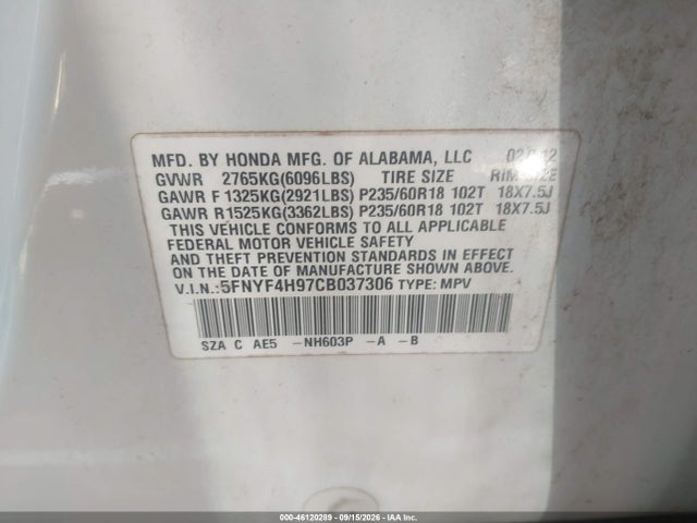 Продаж на аукціоні авто 2012 Honda Pilot Touring, vin: 5FNYF4H97CB037306, номер лоту: 46120289