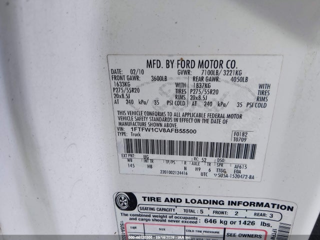 Продаж на аукціоні авто 2010 Ford F-150 Fx2 Sport/harley-davidson/king Ranch/lariat/platinum/xl/xlt, vin: 1FTFW1CV8AFB55500, номер лоту: 46120300