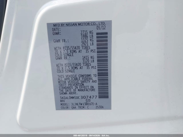 2013 Infiniti Jx35 მანქანა იყიდება აუქციონზე, vin: 5N1AL0MM5DC307477, აუქციონის ნომერი: 46120319