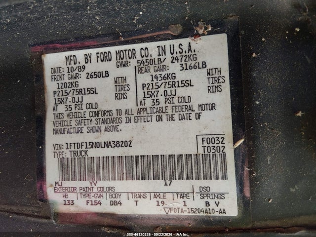 1990 Ford F150 მანქანა იყიდება აუქციონზე, vin: 1FTDF15N0LNA38202, აუქციონის ნომერი: 46120326