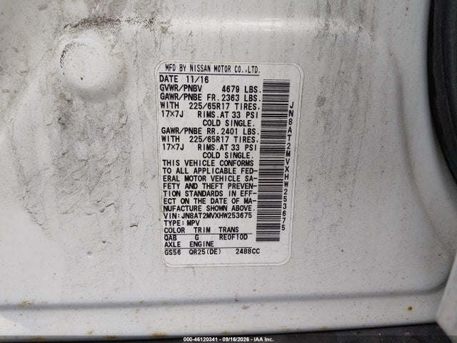 Aukcja sprzedaży 2017 Nissan Rogue Sv, vin: JN8AT2MVXHW253675, numer aukcji: 46120341