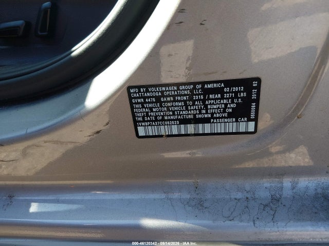 2012 Volkswagen Passat 2.5l Se მანქანა იყიდება აუქციონზე, vin: 1VWBP7A37CC052523, აუქციონის ნომერი: 46120342
