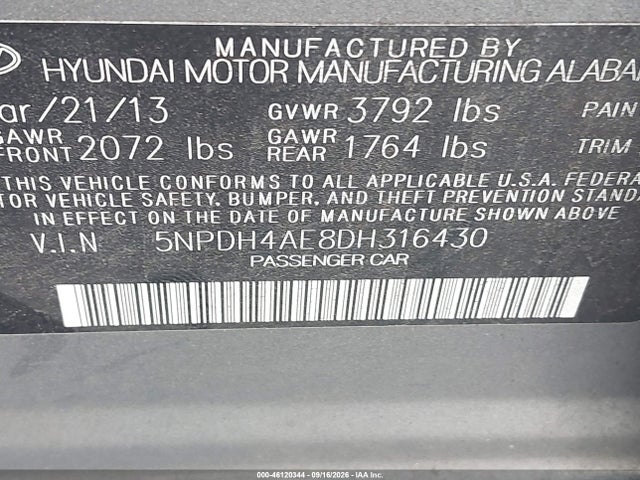 Продаж на аукціоні авто 2013 Hyundai Elantra Gls, vin: 5NPDH4AE8DH316430, номер лоту: 46120344