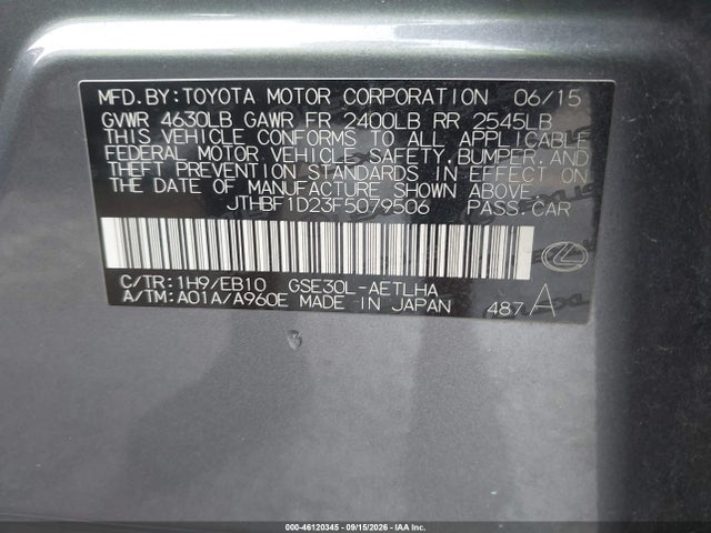 Aukcja sprzedaży 2015 Lexus Is 250, vin: JTHBF1D23F5079506, numer aukcji: 46120345