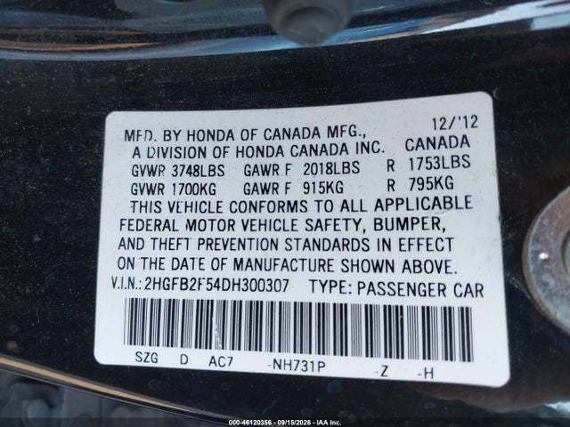 Продаж на аукціоні авто 2013 Honda Civic Lx, vin: 2HGFB2F54DH300307, номер лоту: 46120356