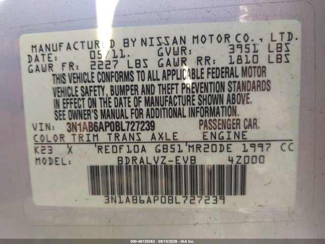 46120362 :رقم المزاد ، 3N1AB6AP0BL727239 vin ، 2011 Nissan Sentra 2.0sl مزاد بيع