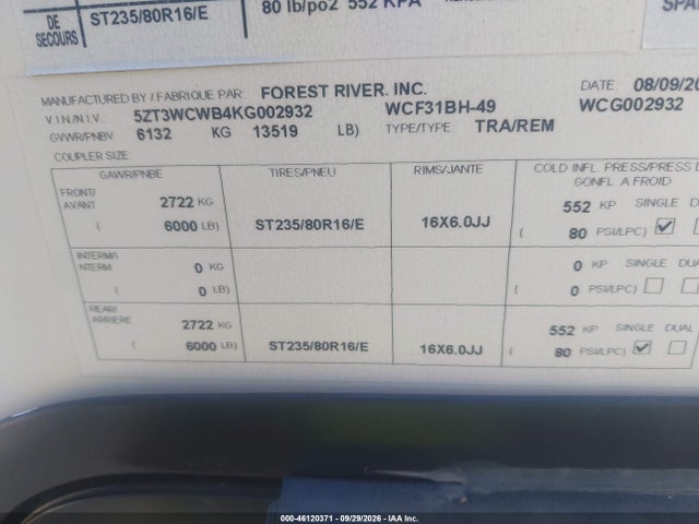 Продаж на аукціоні авто 2019 Forest River Other, vin: 5ZT3WCWB4KG002932, номер лоту: 46120371