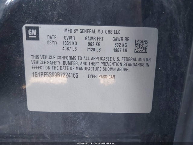 2011 Chevrolet Cruze 1lt მანქანა იყიდება აუქციონზე, vin: 1G1PF5S99B7224165, აუქციონის ნომერი: 46120374