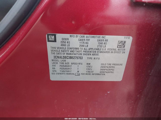 2011 Chevrolet Equinox 1lt მანქანა იყიდება აუქციონზე, vin: 2CNALDEC3B6279763, აუქციონის ნომერი: 46120389