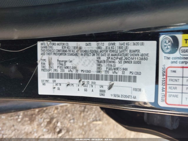 46120396 :رقم المزاد ، 3FADP4EJ9DM113850 vin ، 2013 Ford Fiesta Se مزاد بيع