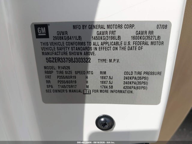 Auction sale of the 2008 Saturn Outlook Xr, vin: 5GZER33798J303322, lot number: 46120406
