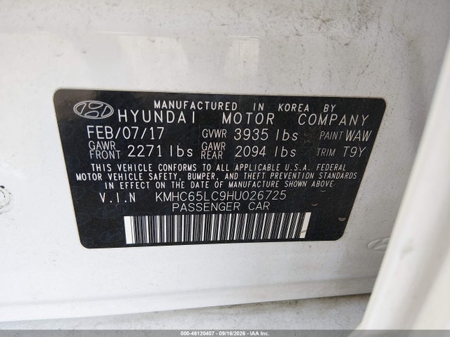 Aukcja sprzedaży 2017 Hyundai Ioniq Hybrid Blue, vin: KMHC65LC9HU026725, numer aukcji: 46120407