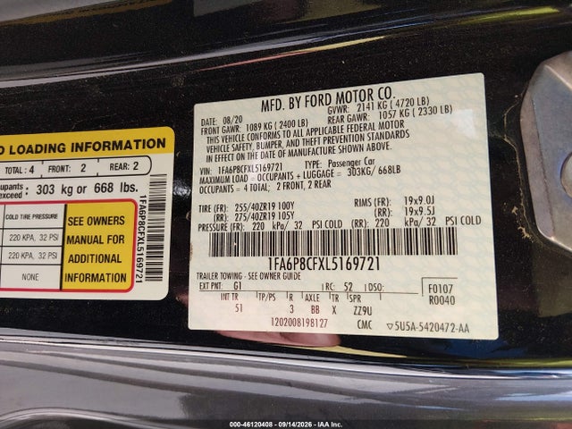 46120408 :رقم المزاد ، 1FA6P8CFXL5169721 vin ، 2020 Ford Mustang Gt Premium Fastback مزاد بيع
