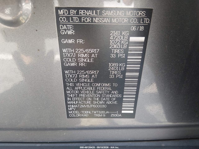 Продаж на аукціоні авто 2018 Nissan Rogue Sv, vin: KNMAT2MV8JP600030, номер лоту: 46120428