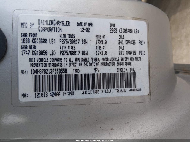 46120432 :رقم المزاد ، 1D4HS78Z13F553558 vin ، 2003 Dodge Durango R/t مزاد بيع