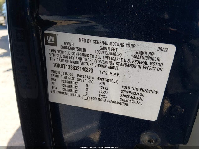 Aukcja sprzedaży 2003 Gmc Envoy Slt, vin: 1GKDT13S832140323, numer aukcji: 46120435