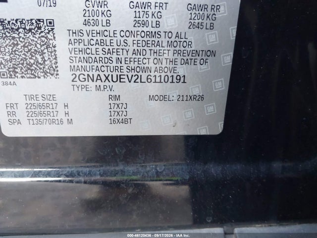 Aukcja sprzedaży 2020 Chevrolet Equinox Awd Lt 1.5l Turbo, vin: 2GNAXUEV2L6110191, numer aukcji: 46120436