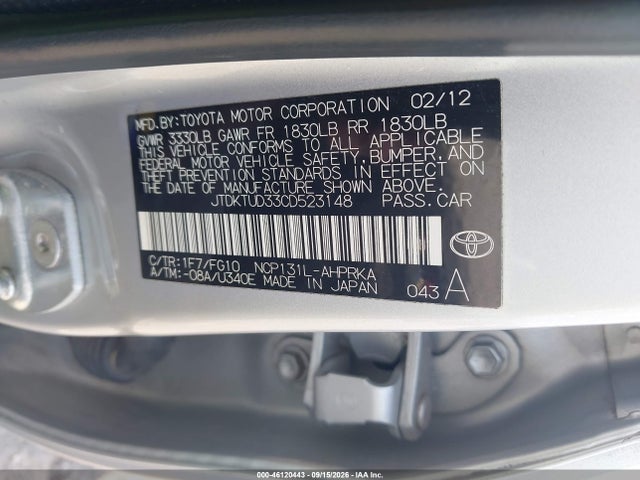 Aukcja sprzedaży 2012 Toyota Yaris Le, vin: JTDKTUD33CD523148, numer aukcji: 46120443