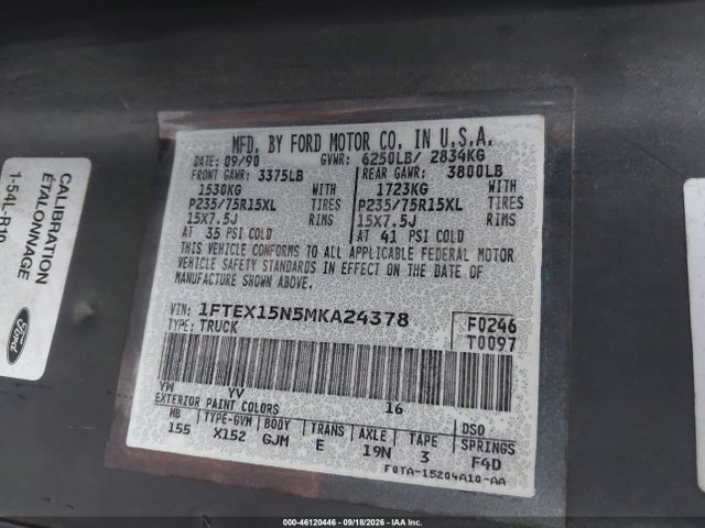 1991 Ford F150 მანქანა იყიდება აუქციონზე, vin: 1FTEX15N5MKA24378, აუქციონის ნომერი: 46120446