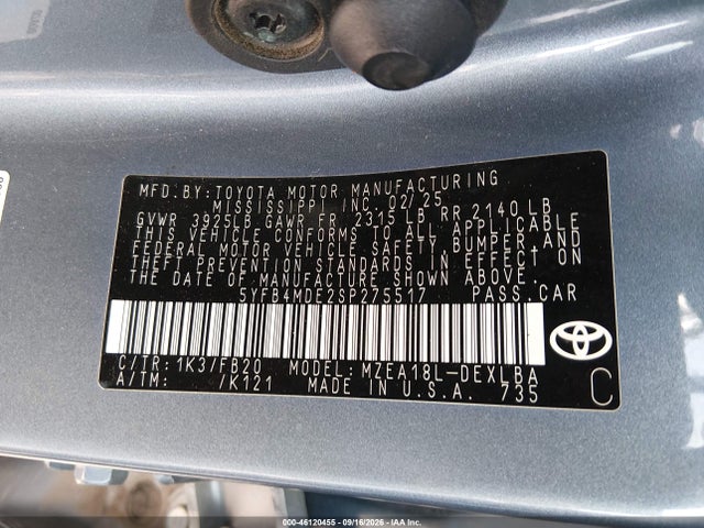 46120455 :رقم المزاد ، 5YFB4MDE2SP275517 vin ، 2025 Toyota Corolla Le مزاد بيع