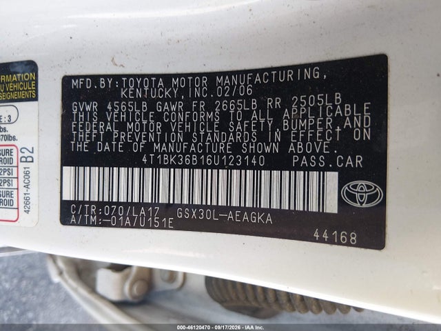 2006 Toyota Avalon Xls მანქანა იყიდება აუქციონზე, vin: 4T1BK36B16U123140, აუქციონის ნომერი: 46120470