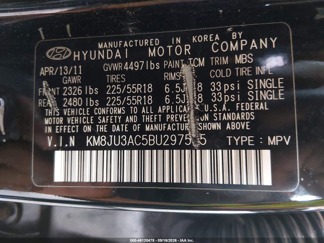 2011 Hyundai Tucson Limited მანქანა იყიდება აუქციონზე, vin: KM8JU3AC5BU297535, აუქციონის ნომერი: 46120478