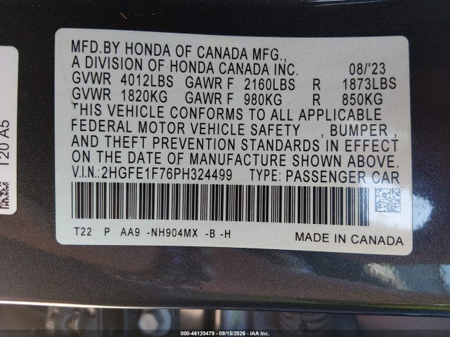 Продаж на аукціоні авто 2023 Honda Civic Ex/ex W/o Bsi, vin: 2HGFE1F76PH324499, номер лоту: 46120479