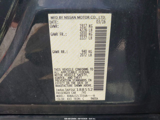 2016 Nissan Altima 2.5 S მანქანა იყიდება აუქციონზე, vin: 1N4AL3AP1GC188552, აუქციონის ნომერი: 46120494