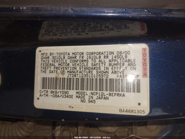 46120504 :رقم المزاد ، JTDBT123510105972 vin ، 2001 Toyota Echo مزاد بيع