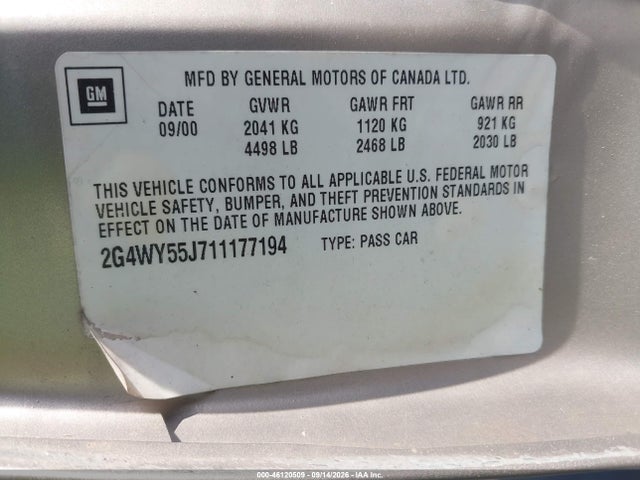 2001 Buick Century Limited მანქანა იყიდება აუქციონზე, vin: 2G4WY55J711177194, აუქციონის ნომერი: 46120509