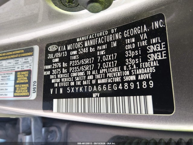2014 Kia Sorento Lx მანქანა იყიდება აუქციონზე, vin: 5XYKTDA66EG489189, აუქციონის ნომერი: 46120513