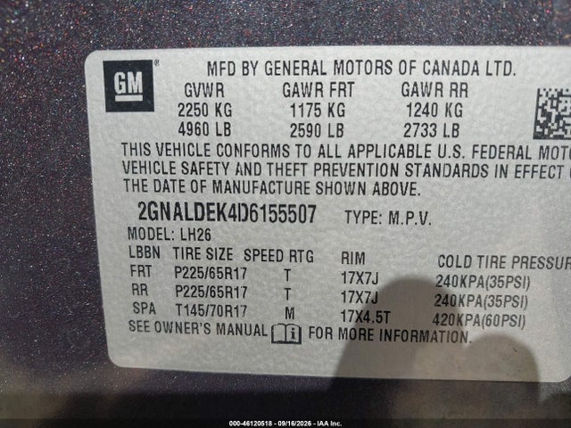 46120518 :رقم المزاد ، 2GNALDEK4D6155507 vin ، 2013 Chevrolet Equinox 1lt مزاد بيع