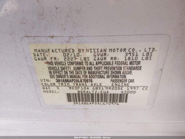 Продажа на аукционе авто 2010 Nissan Sentra 2.0sr, vin: 3N1AB6AP2AL670976, номер лота: 46120521