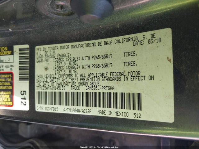2018 Toyota Tacoma Dbl Cab/sr/trdspt/or/pro მანქანა იყიდება აუქციონზე, vin: 3TMCZ5AN7JM145139, აუქციონის ნომერი: 46120523