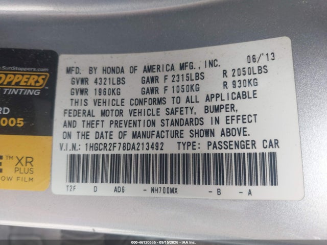 Продажа на аукционе авто 2013 Honda Accord Ex, vin: 1HGCR2F78DA213492, номер лота: 46120535