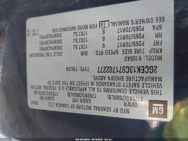 46120548 :رقم المزاد ، 2GCEK13C971702277 vin ، 2007 Chevrolet Silverado 1500 Lt1 مزاد بيع