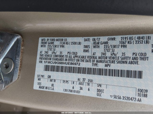2017 Ford Escape Se მანქანა იყიდება აუქციონზე, vin: 1FMCU9G98HUE86972, აუქციონის ნომერი: 46120552