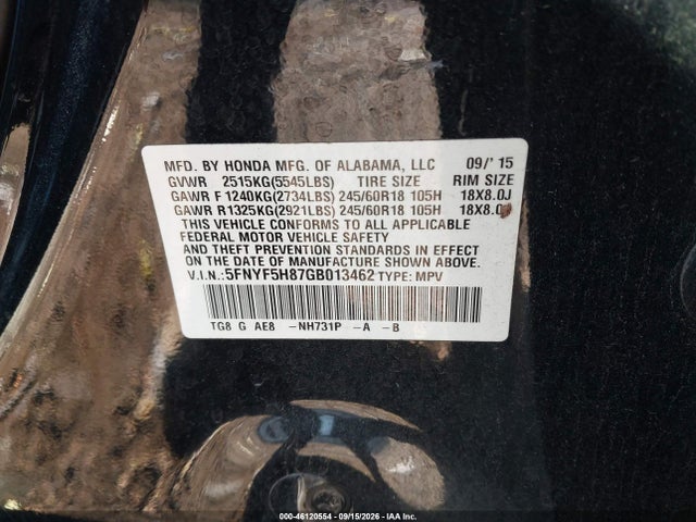 Продажа на аукционе авто 2016 Honda Pilot Ex-l, vin: 5FNYF5H87GB013462, номер лота: 46120554