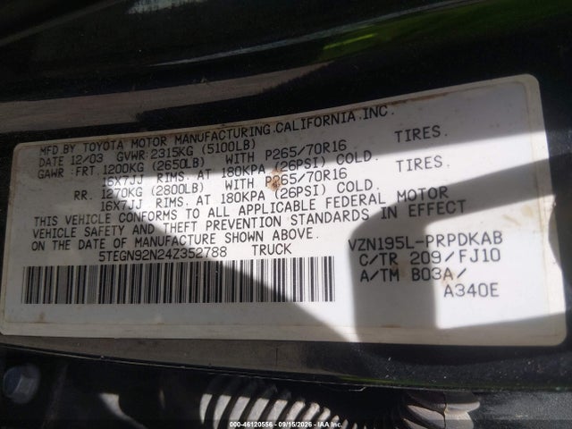 Продаж на аукціоні авто 2004 Toyota Tacoma Prerunner V6, vin: 5TEGN92N24Z352788, номер лоту: 46120556