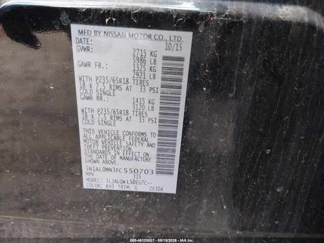 46120557 :رقم المزاد ، 5N1AL0MN3FC550703 vin ، 2015 Infiniti Qx60 مزاد بيع