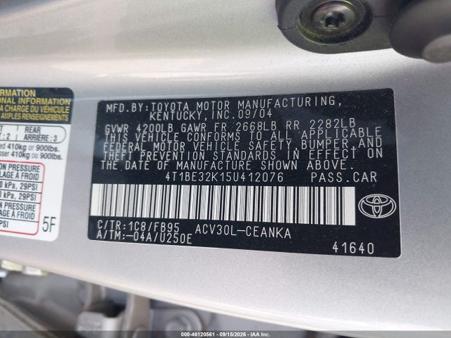46120561 :رقم المزاد ، 4T1BE32K15U412076 vin ، 2005 Toyota Camry Le مزاد بيع