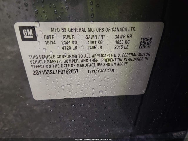 46120560 :رقم المزاد ، 2G1155SL1F9162057 vin ، 2015 Chevrolet Impala 1lz مزاد بيع