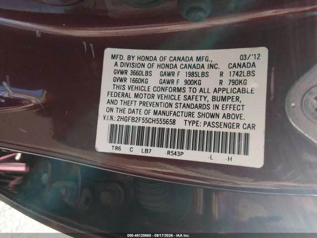 Продажа на аукционе авто 2012 Honda Civic Lx, vin: 2HGFB2F55CH555658, номер лота: 46120565