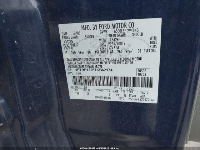 46120567 :رقم المزاد ، 1FTRF12267KB62174 vin ، 2007 Ford F-150 Stx/xl/xlt مزاد بيع