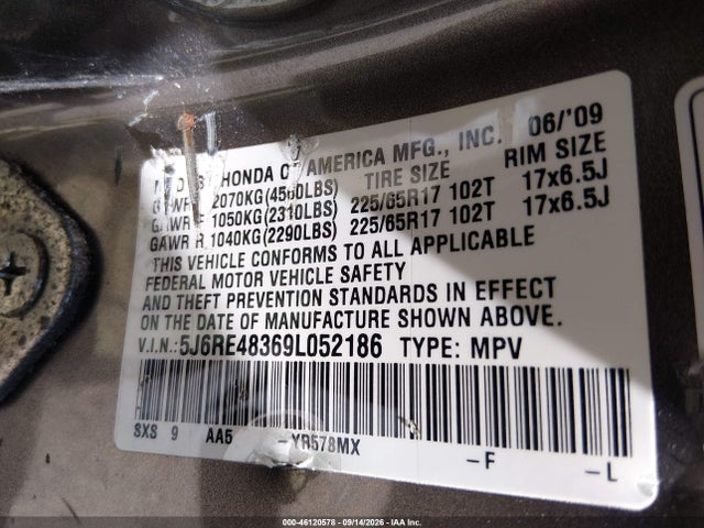 2009 Honda Cr-v Lx მანქანა იყიდება აუქციონზე, vin: 5J6RE48369L052186, აუქციონის ნომერი: 46120578